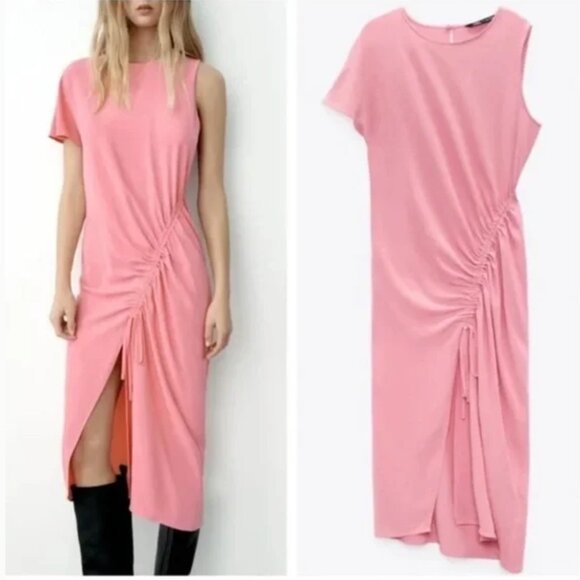 NWT Zara Pink Draped Asymmetrical Ruched Midi Dress Size S Boho Lagenlook NEW - Picture 1 of 14